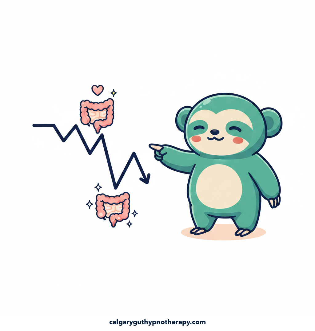 Lumi standing beside a happy gut and a hormone-curve sphere — illustrating how cycle hormones shape gut sensation.