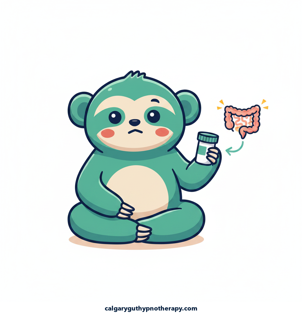 Lumi sitting holding a small bottle, gentle puzzled expression — the counterintuitive HRT-and-IBS paradox.