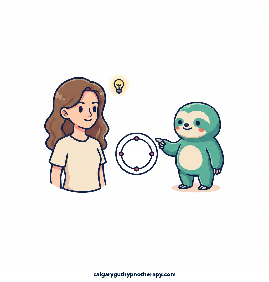 A young woman with a glowing lightbulb of recognition beside Lumi showing a cycle wheel — the cyclical pattern that signals a good fit.
