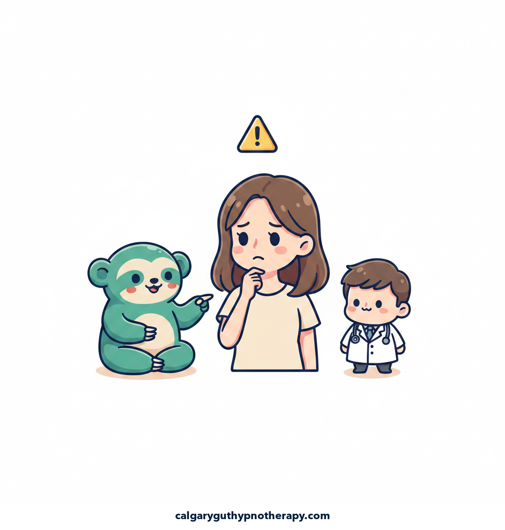A young woman beside a cartoon doctor, Lumi standing nearby gesturing gently — "see a doctor first" for symptoms outside the cycle pattern.